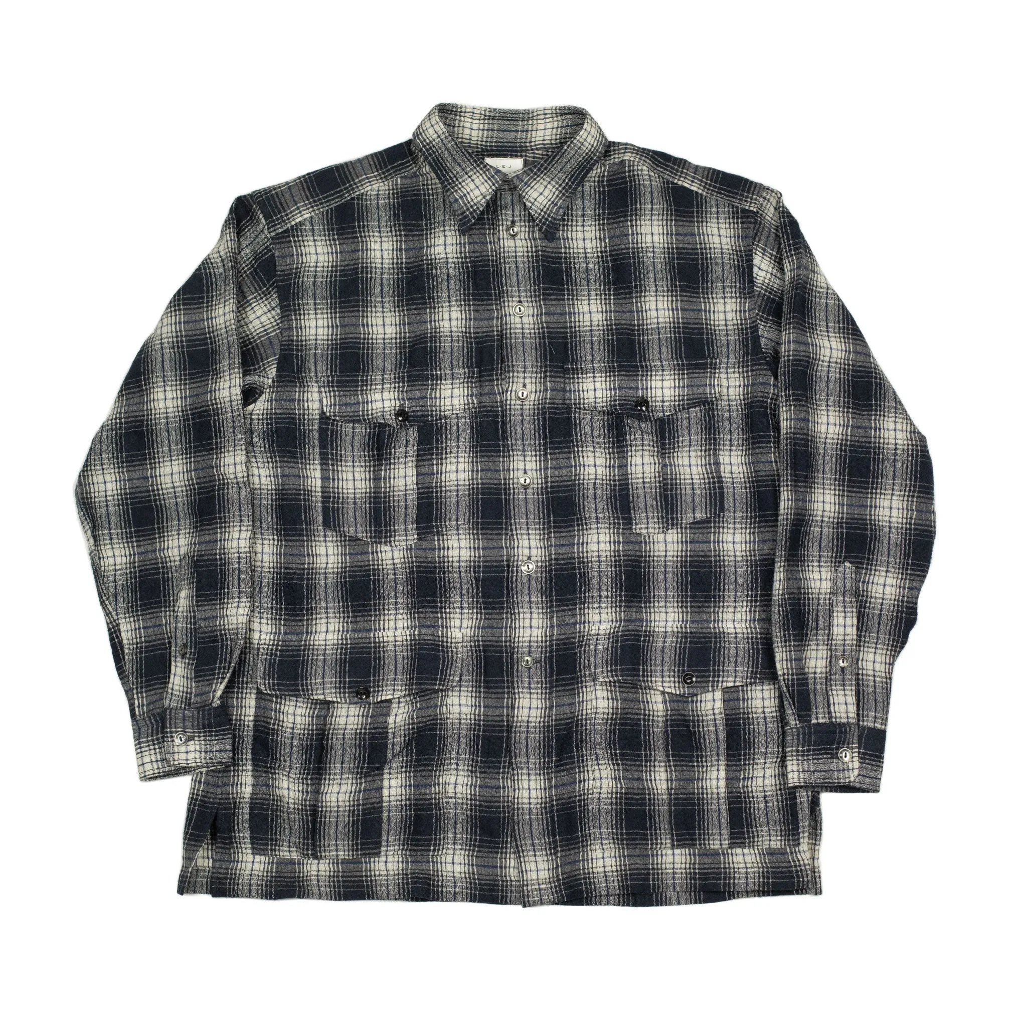 "The Shell Collector" field shirt jacket in navy and ecru check cotton and wool flannel