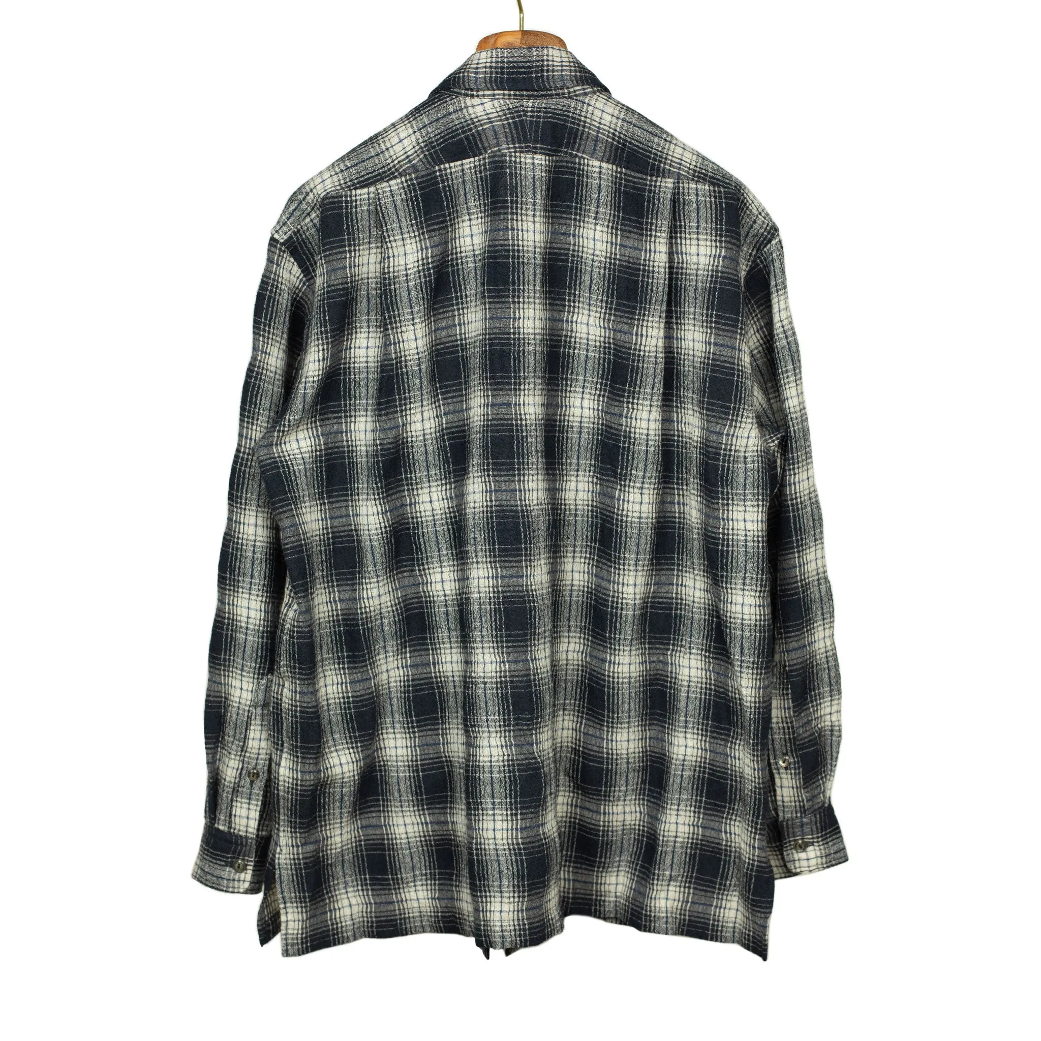 "The Shell Collector" field shirt jacket in navy and ecru check cotton and wool flannel