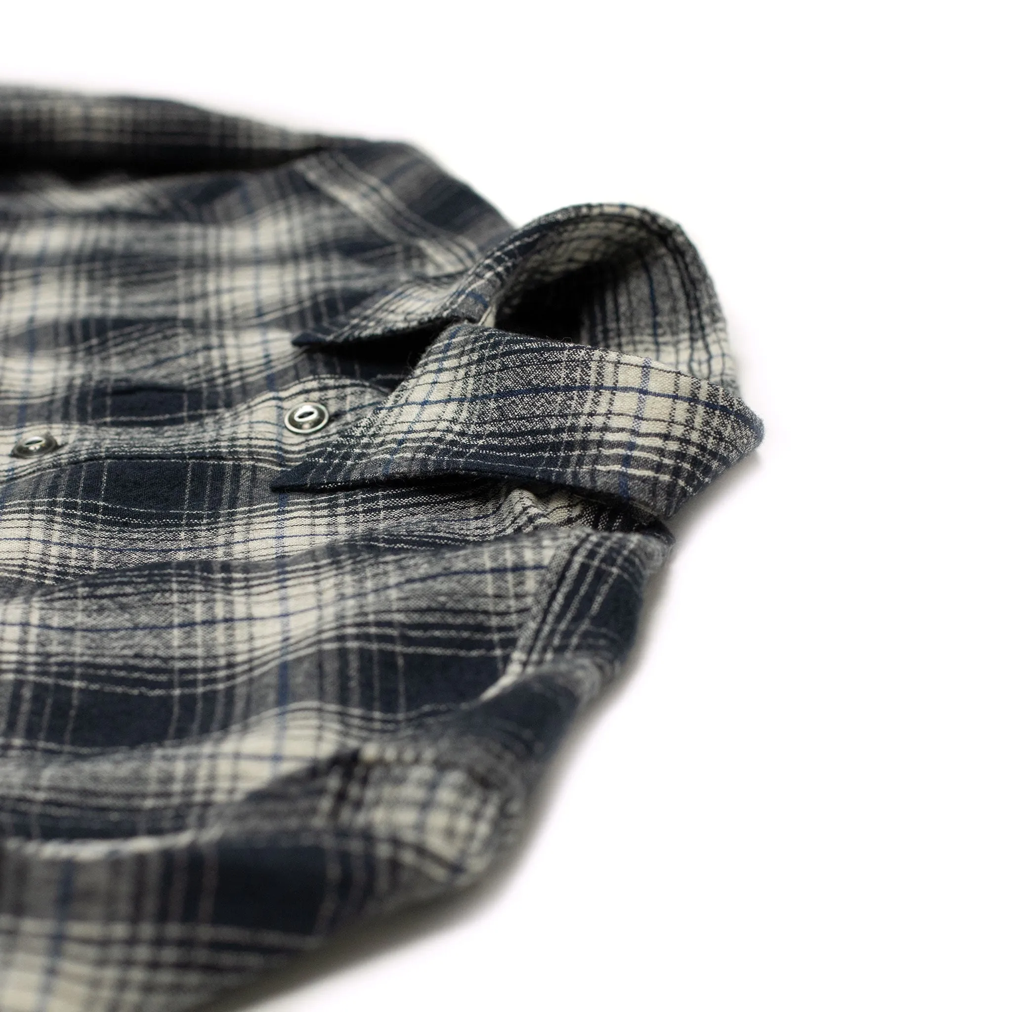 "The Shell Collector" field shirt jacket in navy and ecru check cotton and wool flannel