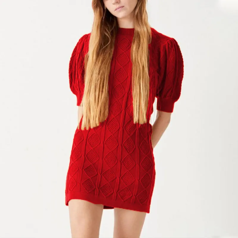 Red Lattice Knit Dress