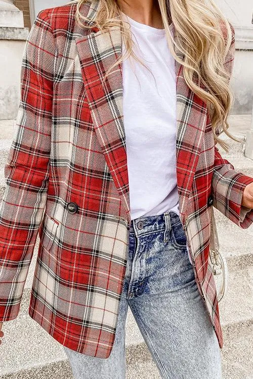 Red Plaid Double Breasted  Blazer