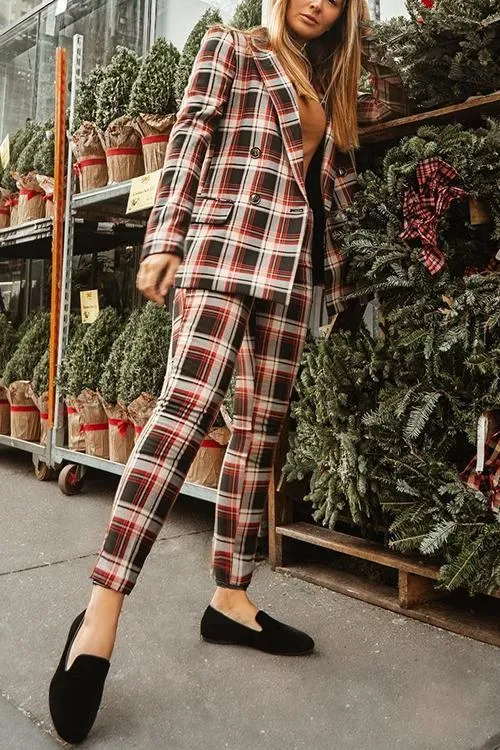 Red Plaid Double Breasted  Blazer