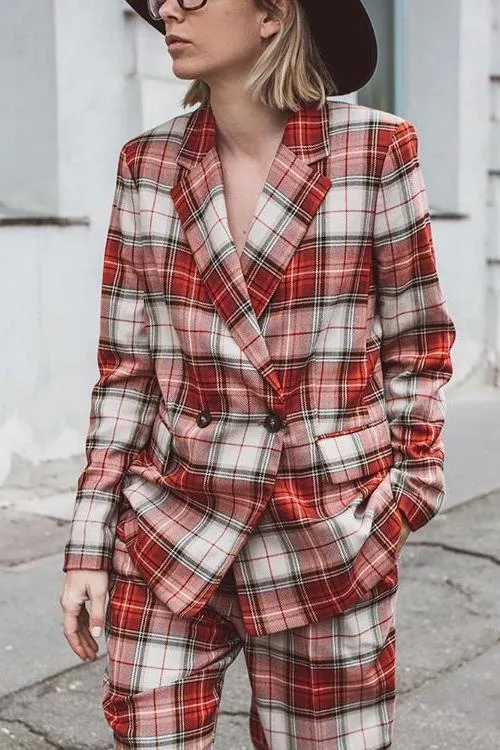 Red Plaid Double Breasted  Blazer