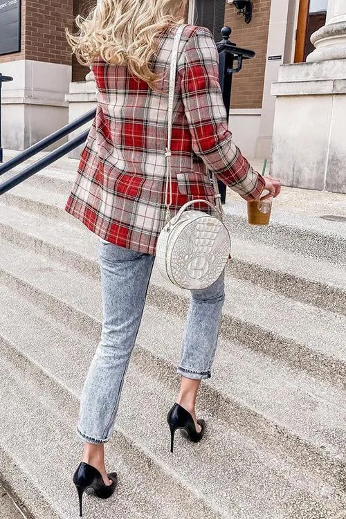 Red Plaid Double Breasted  Blazer