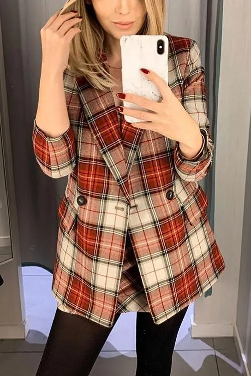 Red Plaid Double Breasted  Blazer