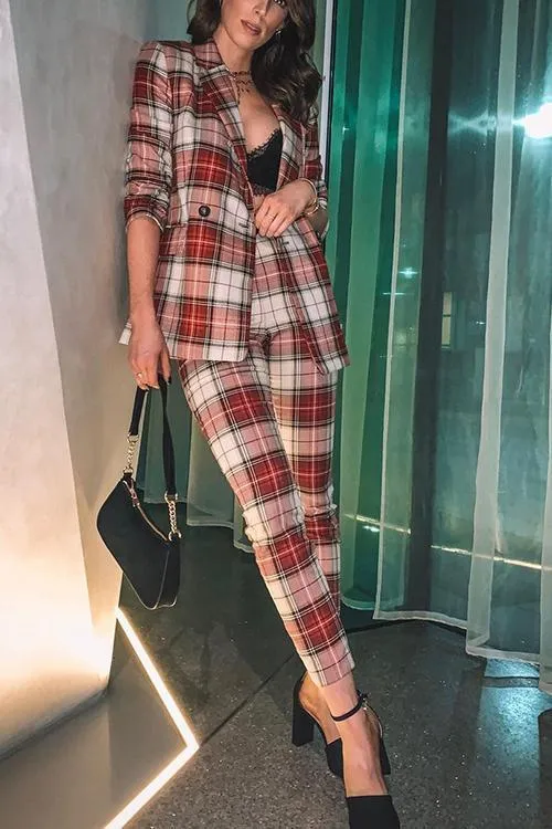 Red Plaid Double Breasted  Blazer