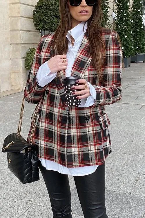 Red Plaid Double Breasted  Blazer