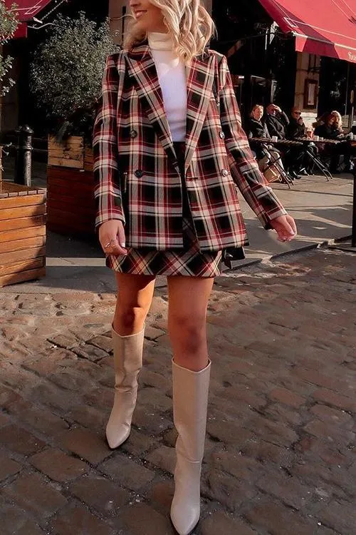 Red Plaid Double Breasted  Blazer