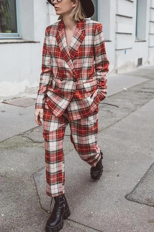 Red Plaid Double Breasted  Blazer