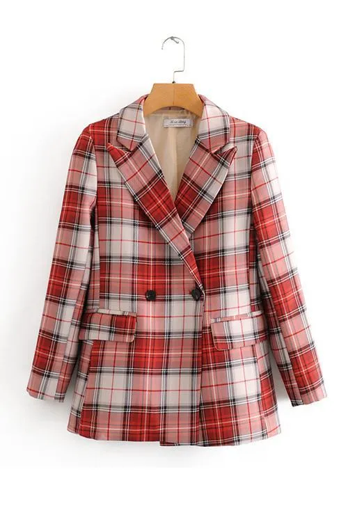 Red Plaid Double Breasted  Blazer