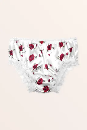 Satin Frilly Lace French Knickers - White Red Roses