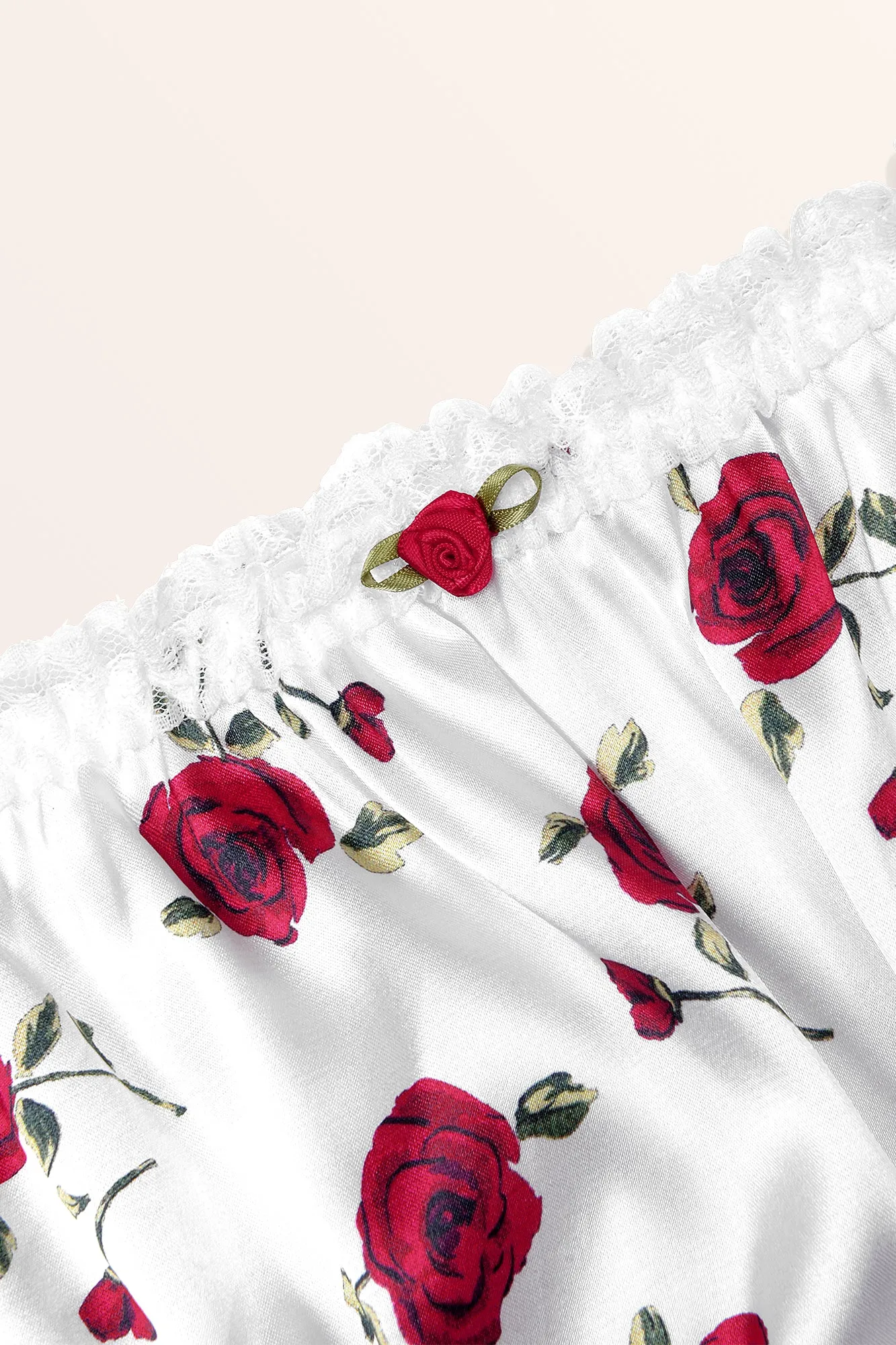 Satin Frilly Lace French Knickers - White Red Roses