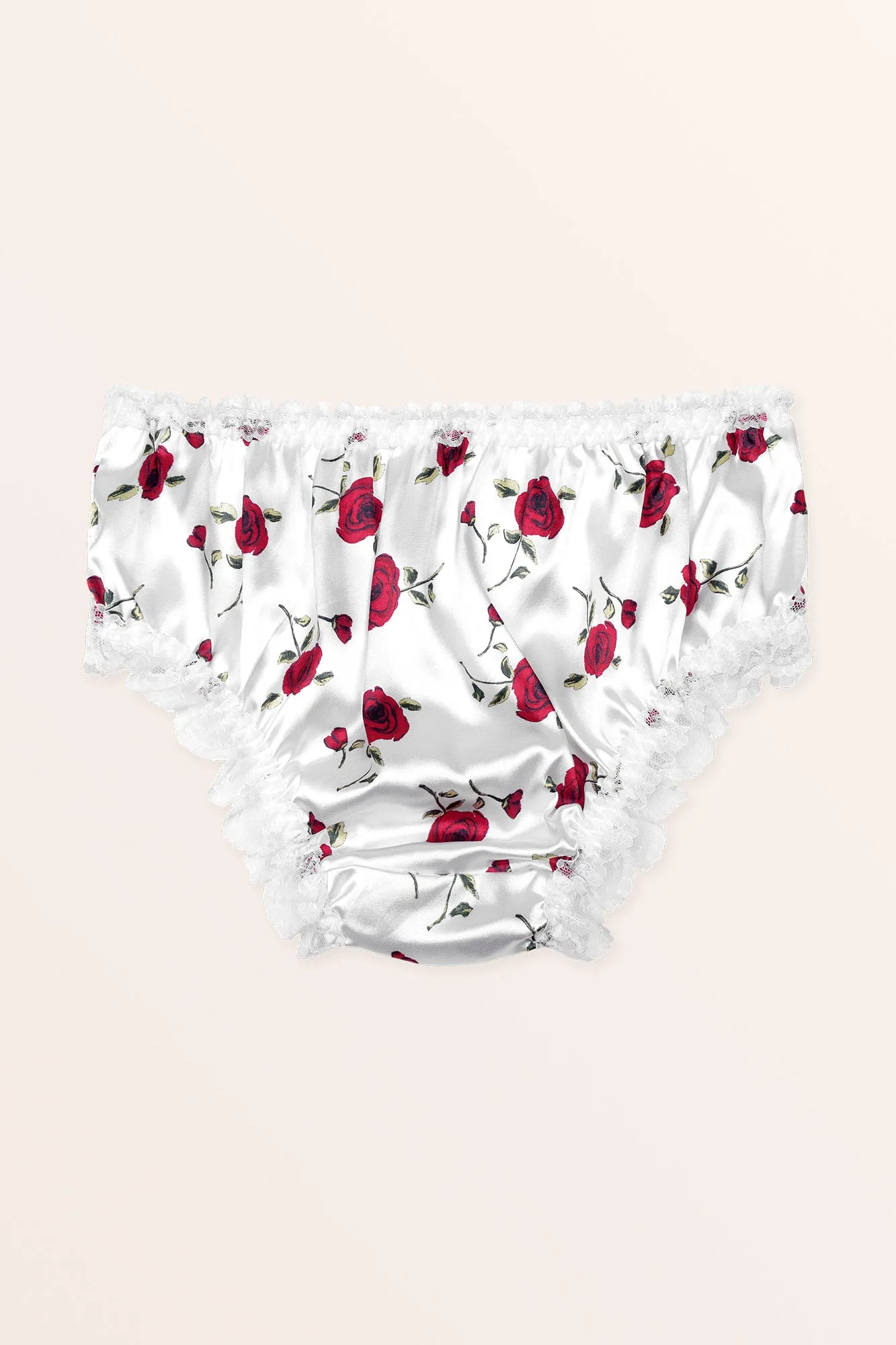 Satin Frilly Lace French Knickers - White Red Roses