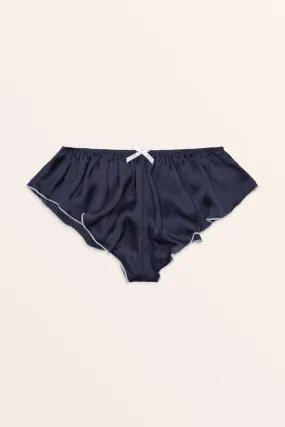 Satin Low Rise French Knickers - Midnight Blue / White Trim