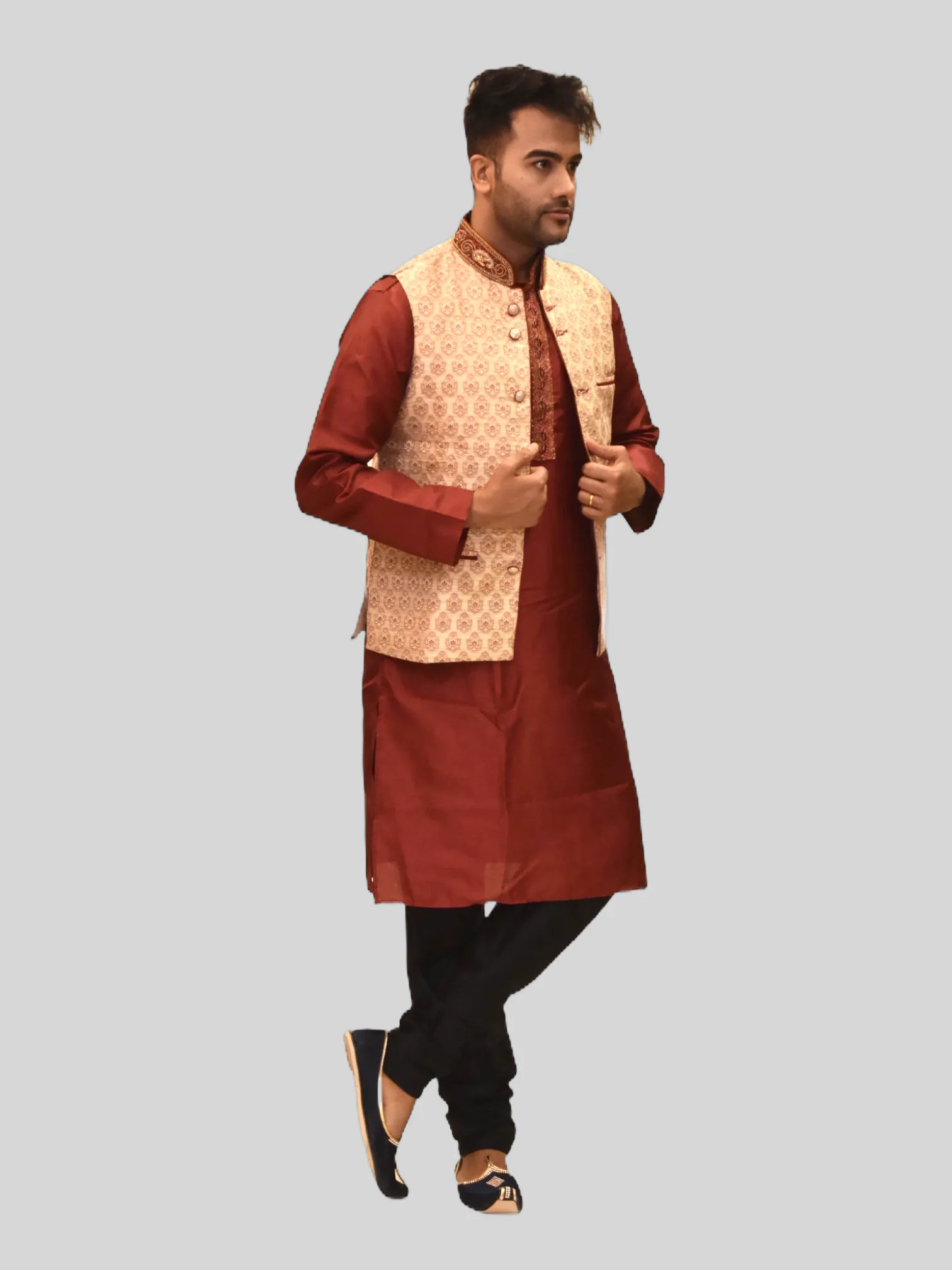 Silk Banana Yellow With Barn Red Embroidered Collar Modi Vest