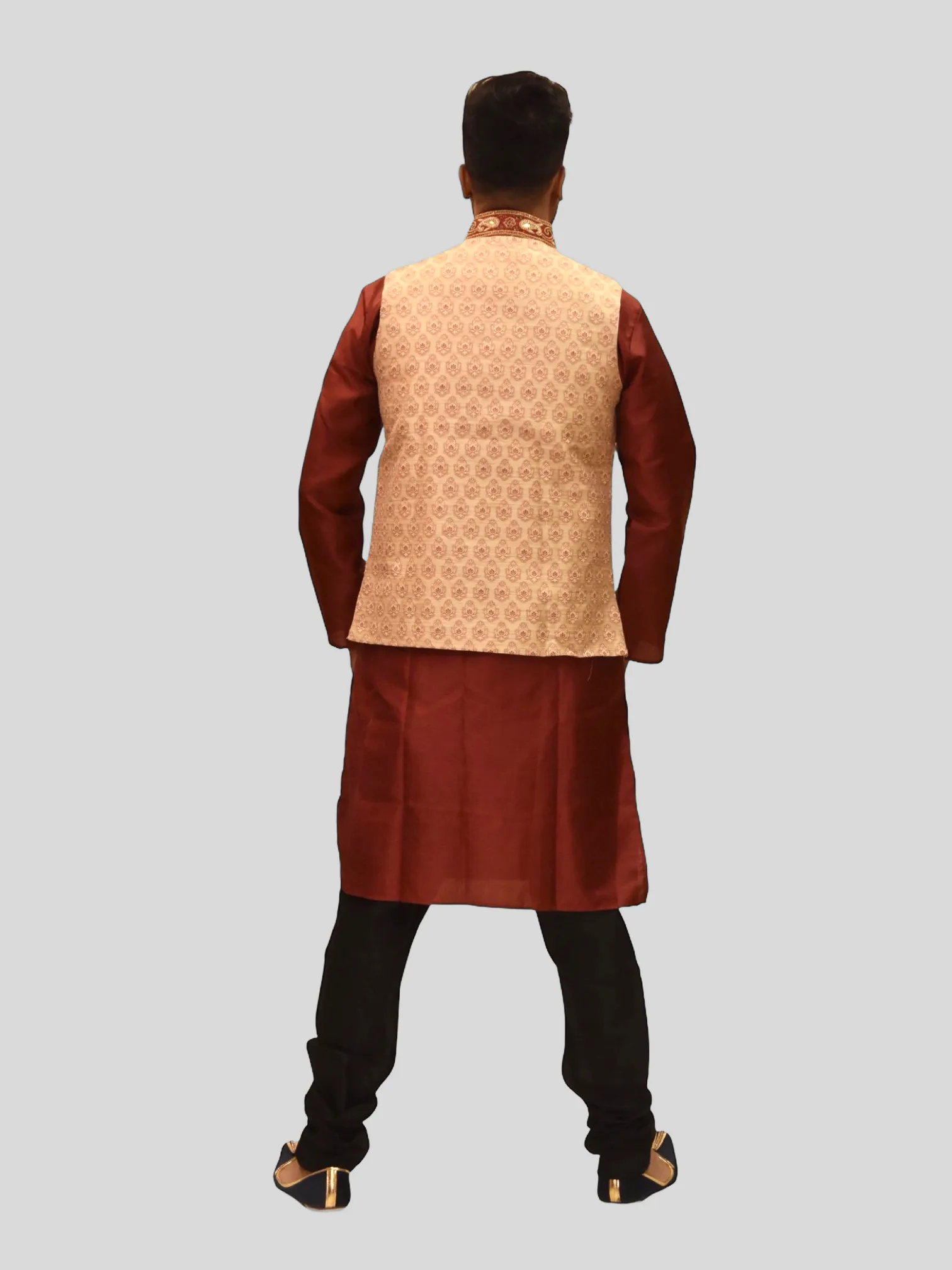 Silk Banana Yellow With Barn Red Embroidered Collar Modi Vest