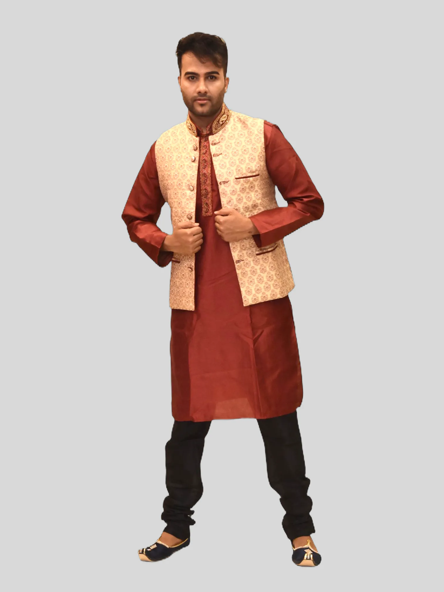 Silk Banana Yellow With Barn Red Embroidered Collar Modi Vest