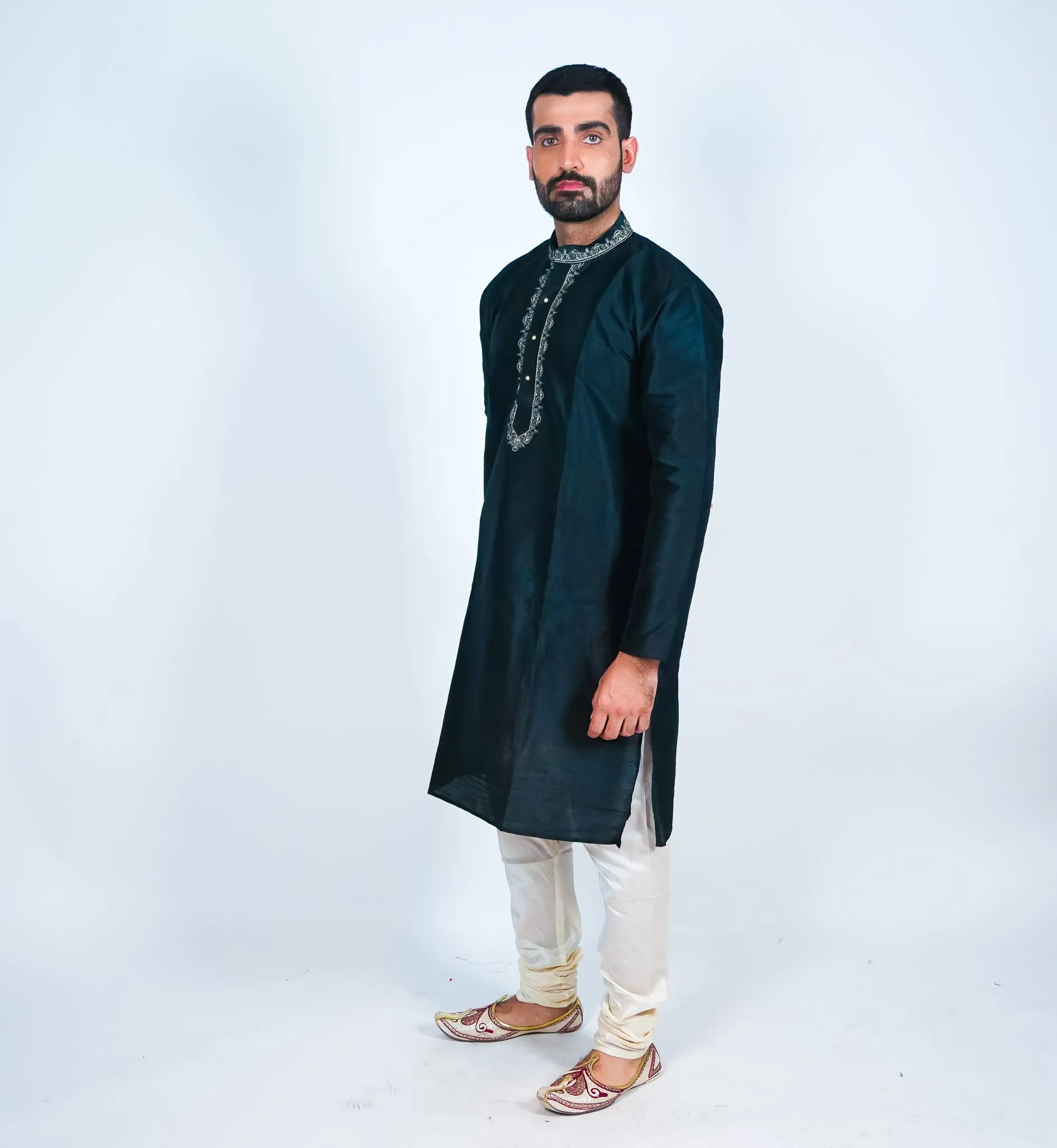 Silk Black Embroidered Men's Kurta