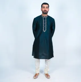 Silk Black Embroidered Men's Kurta