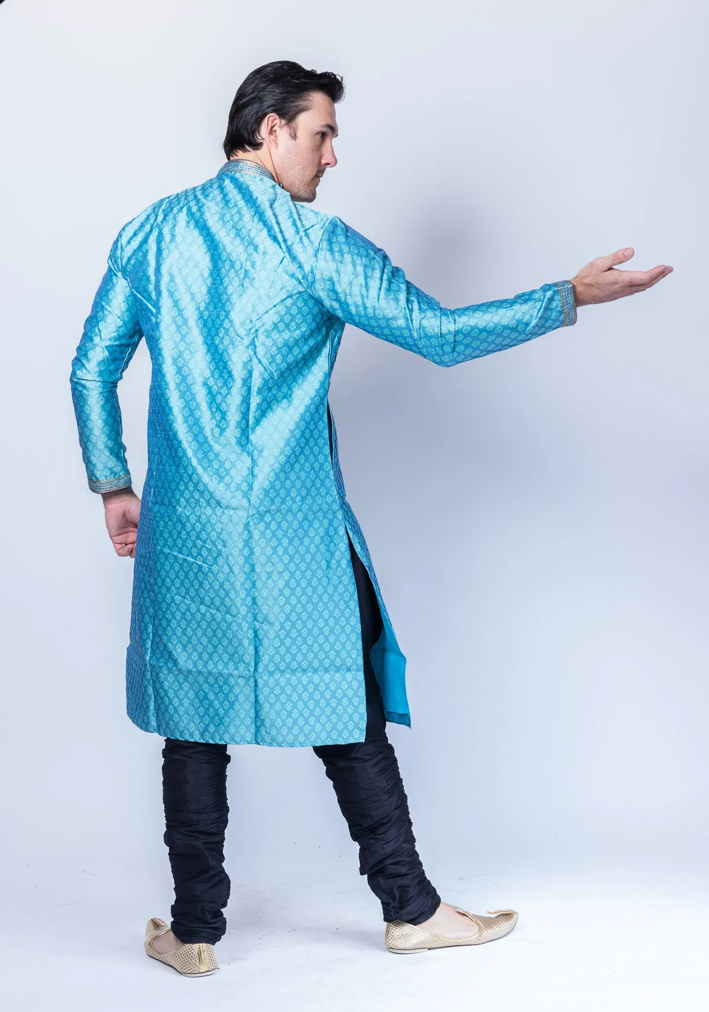 Silk  Brocade Maya Blue Side Button Men's Kurta