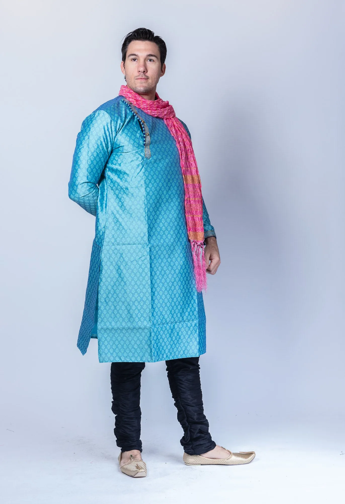 Silk  Brocade Maya Blue Side Button Men's Kurta