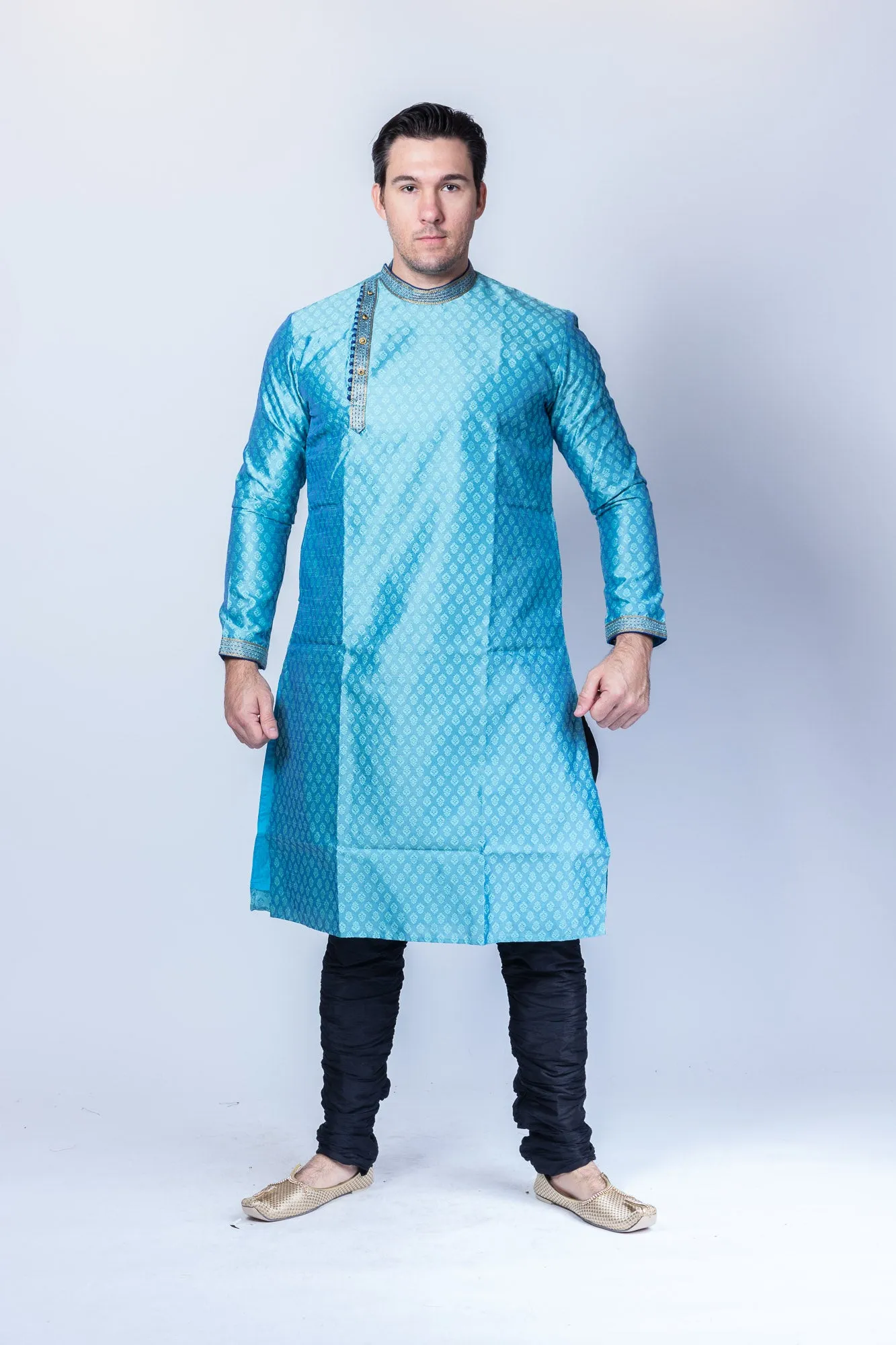 Silk  Brocade Maya Blue Side Button Men's Kurta