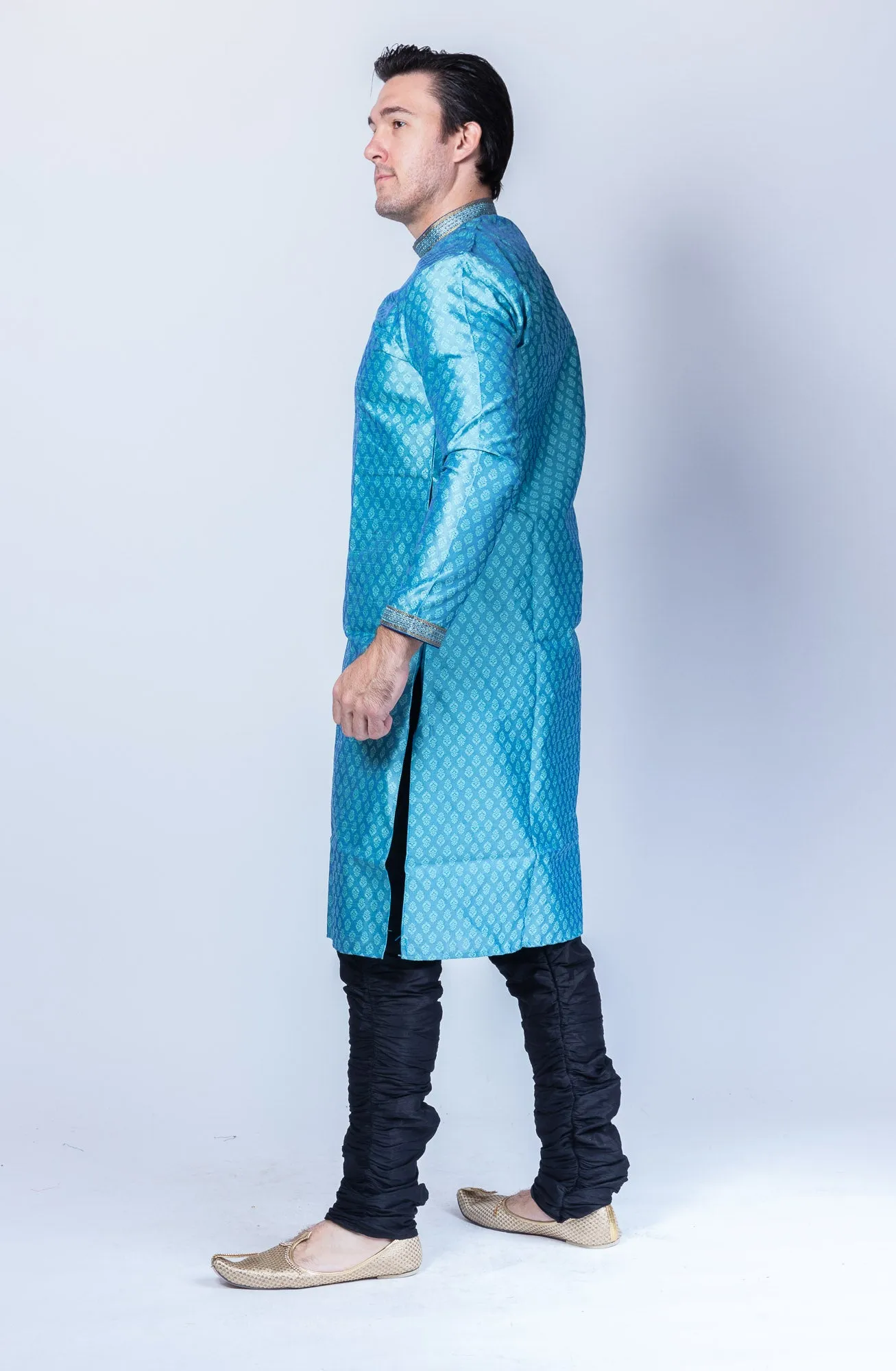 Silk  Brocade Maya Blue Side Button Men's Kurta