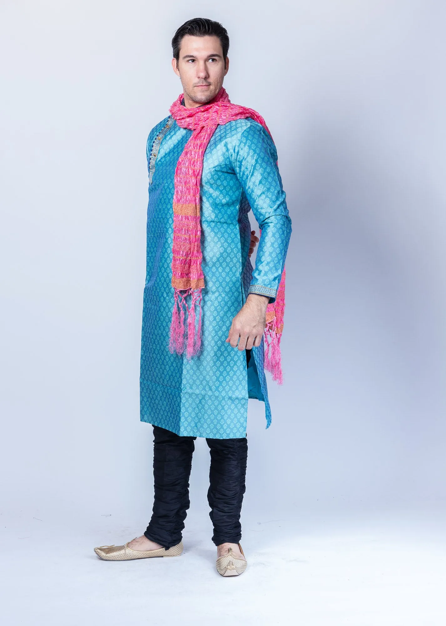 Silk  Brocade Maya Blue Side Button Men's Kurta