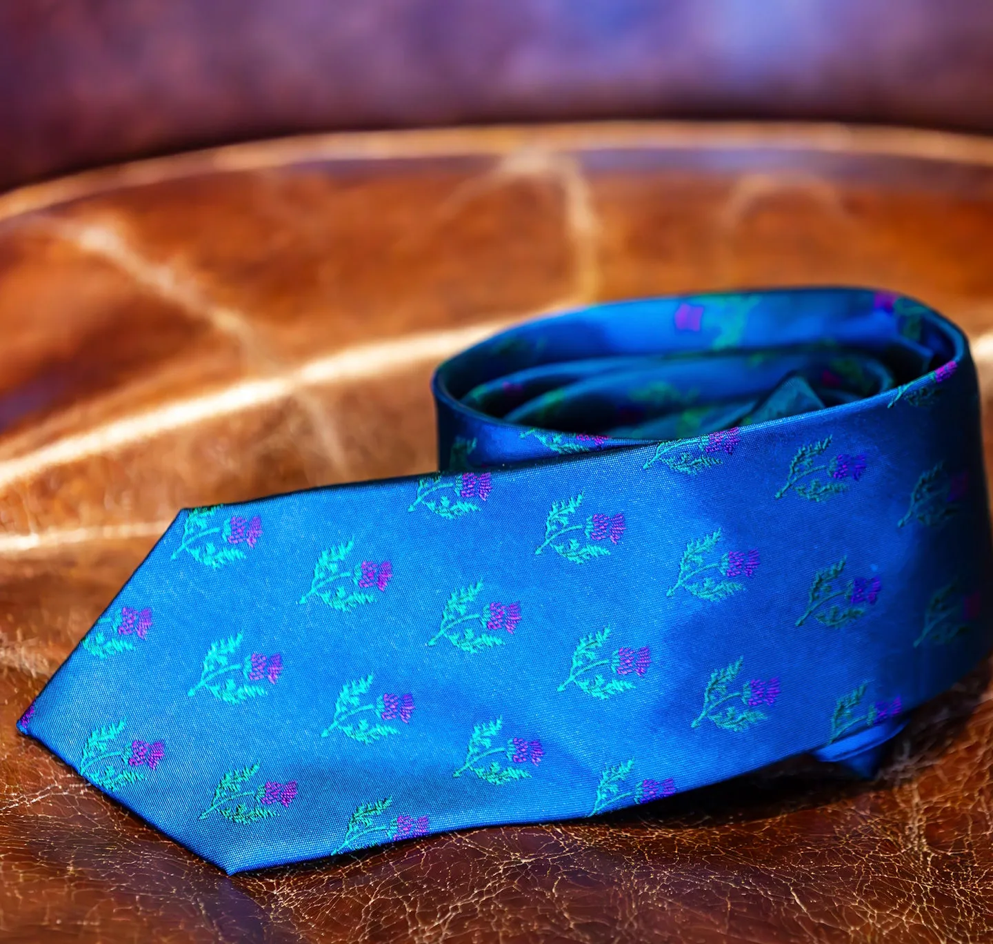 Silk Tie: Thistles Dark Blue