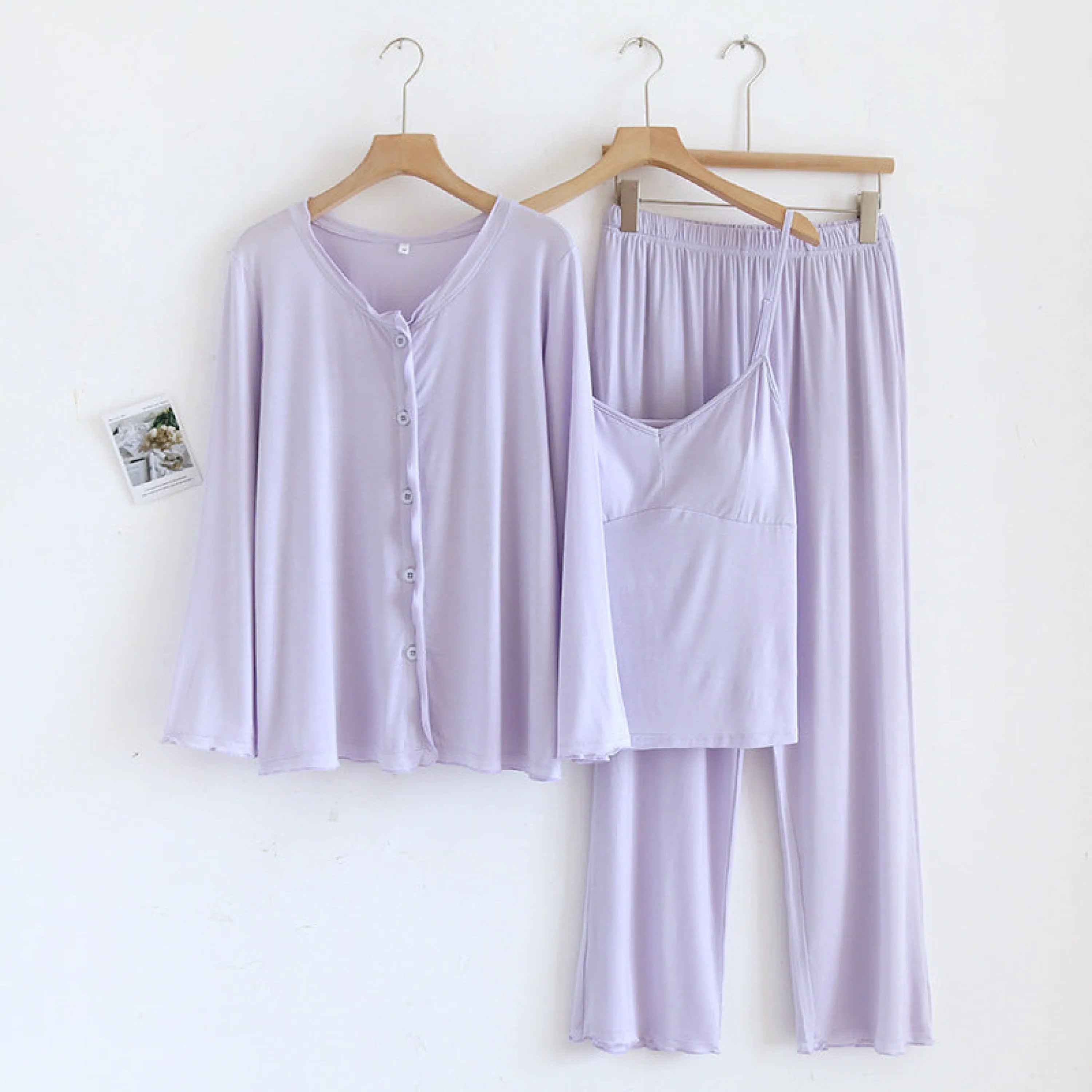 Solid Ruffle V Tank and Long Pants with Cardigan Modal Pajama Set