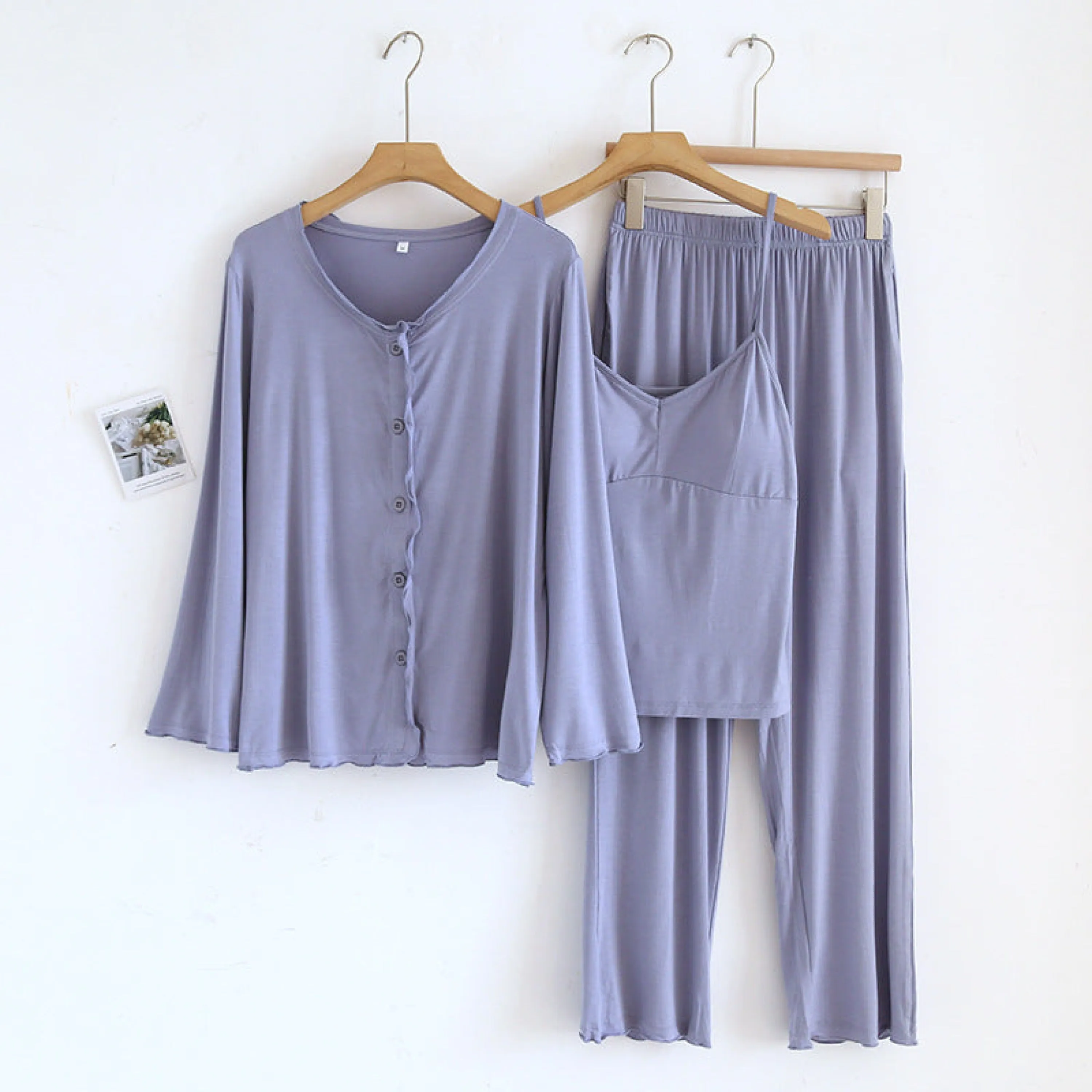 Solid Ruffle V Tank and Long Pants with Cardigan Modal Pajama Set