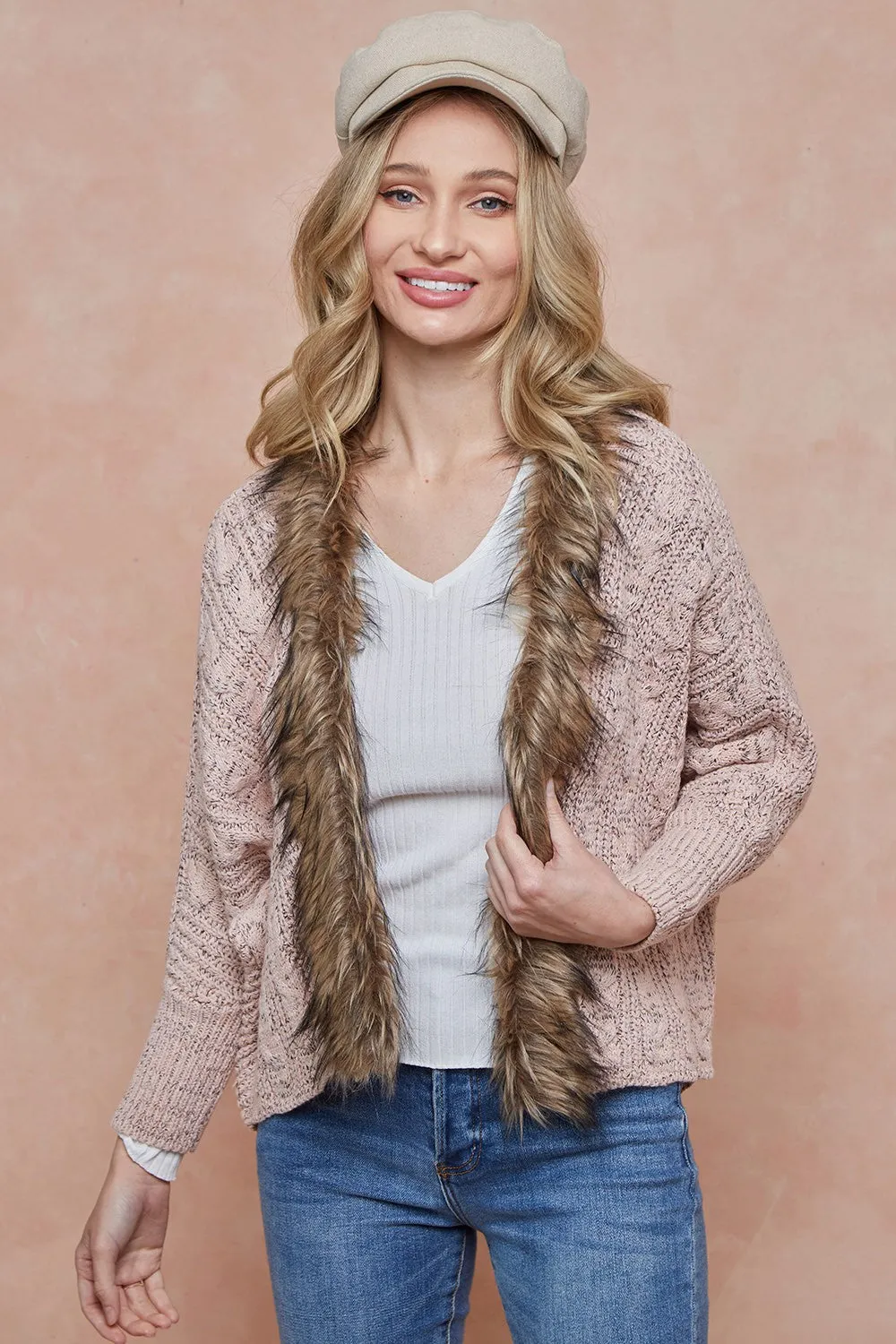 Sweater Cardigan with Faux Fur Trimmed Neck