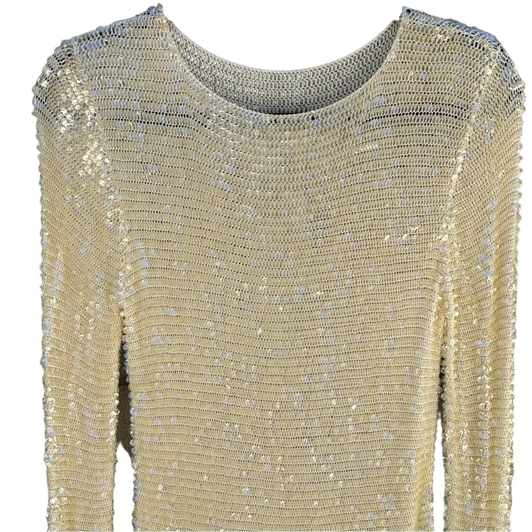 Vintage Women's Scoop Neck Ivory Full Sequin Glam Knit Long Sleeve Sweater