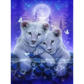 White Fur Little Lions - Full Round Diamond - 30x40cm