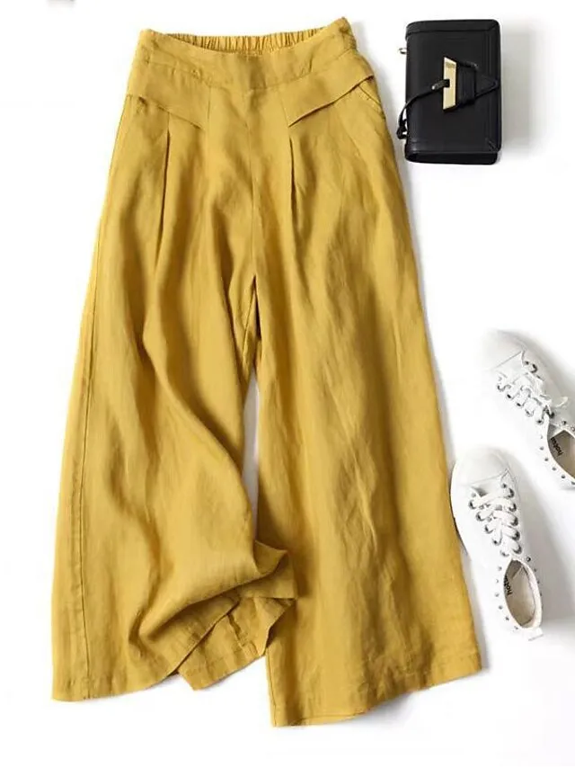 Women's Culottes Wide Leg Pants Trousers 100% Cotton Black White Yellow High Waist Casual Lounge Casual Daily Holiday Pocket Full Length Comfort Plain M L XL XXL 3XL