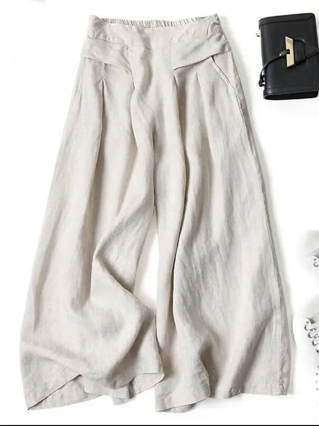 Women's Culottes Wide Leg Pants Trousers 100% Cotton Black White Yellow High Waist Casual Lounge Casual Daily Holiday Pocket Full Length Comfort Plain M L XL XXL 3XL