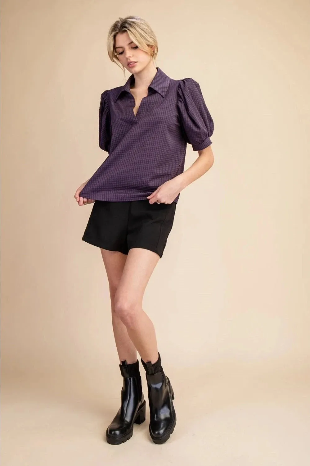 Women's V-Neck Collar Puff Sleeve Texture Top